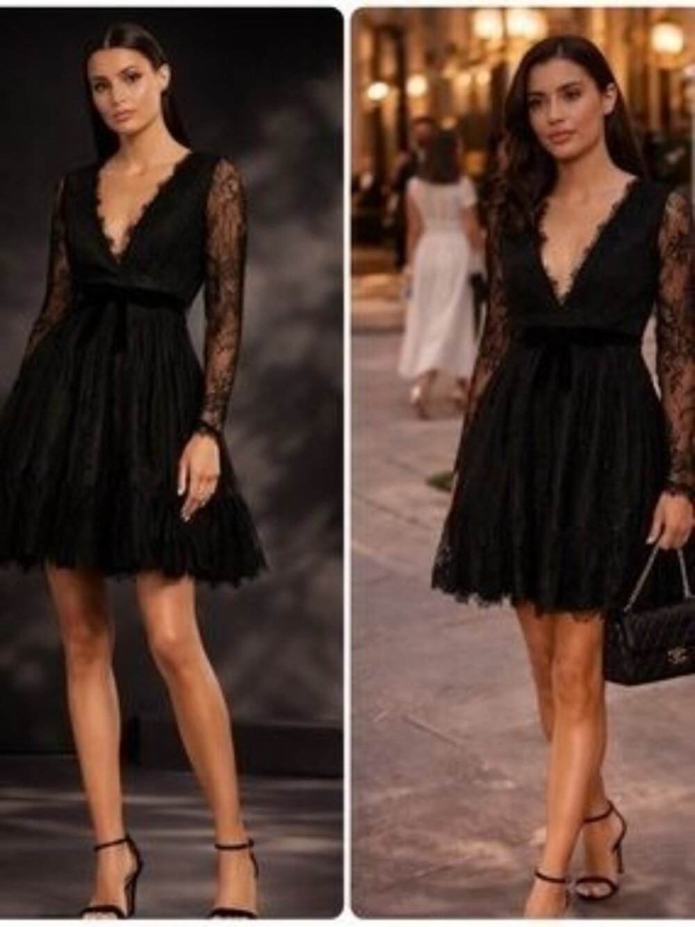Mac Guggal Women’s Long Sleeve Deep V Black Lace Babydoll Dress Size 8 - Picture 5 of 15